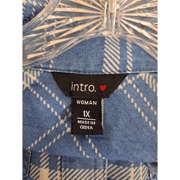intro. Woman 1X Blue Plaid Button Tab Long Sleeve Button Up Shirt Pockets - Picture 2 of 8